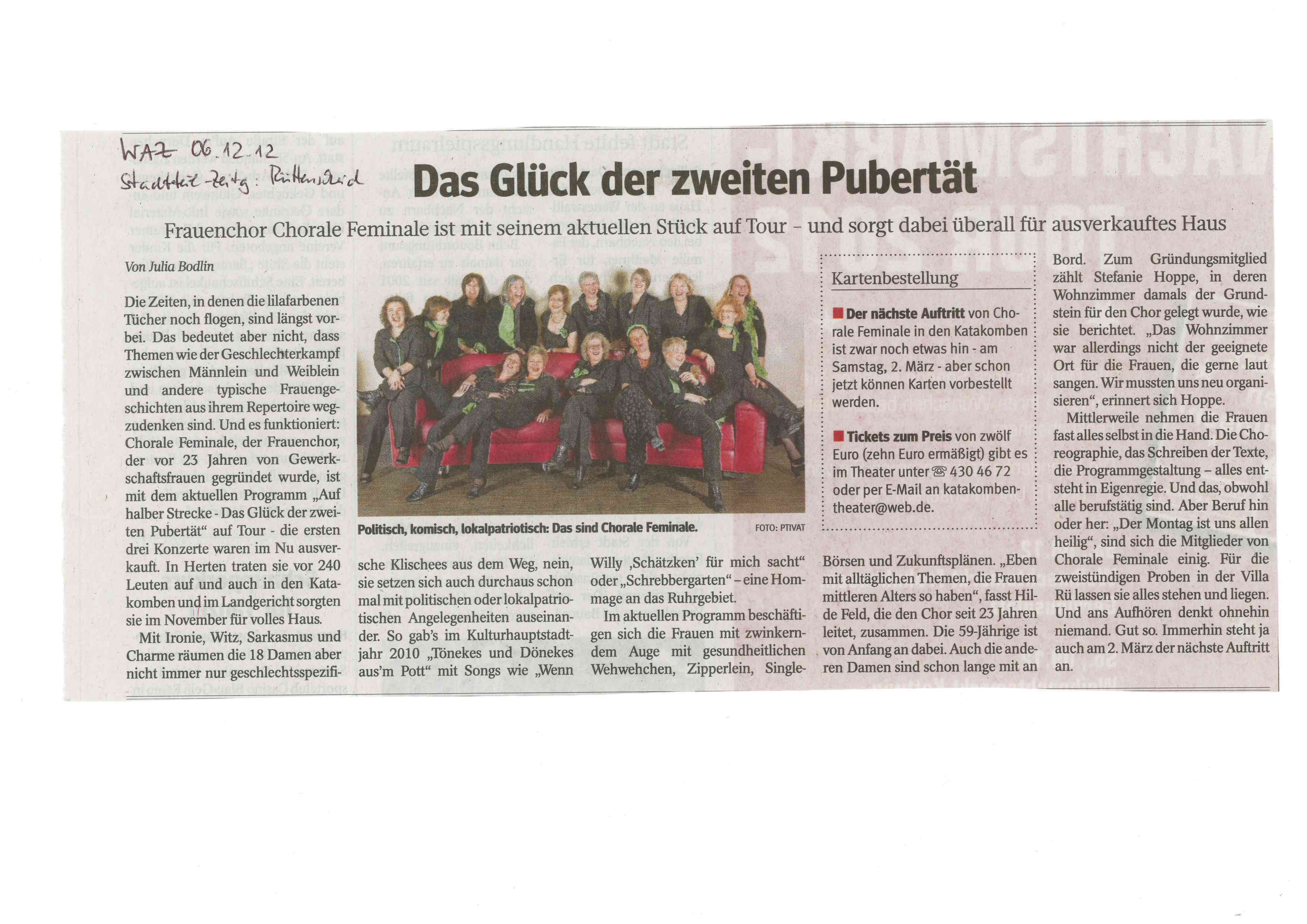 Historischer Zeitungsausschnitt: Das Glück der zweiten Pubertät, WAZ · Rüttenscheid, 6. Dezember 2012